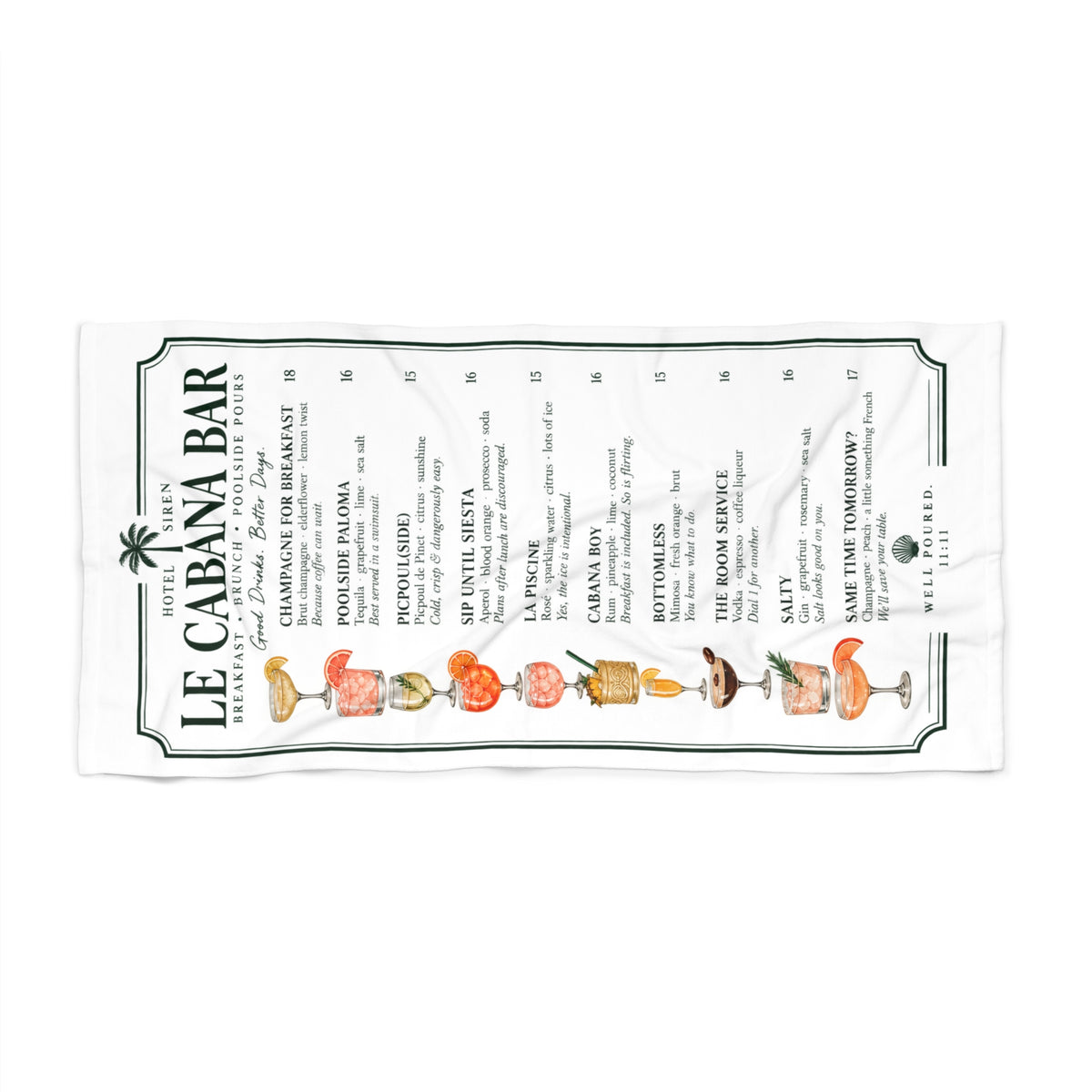 Cabana Bar Cocktail Menu Beach Towel